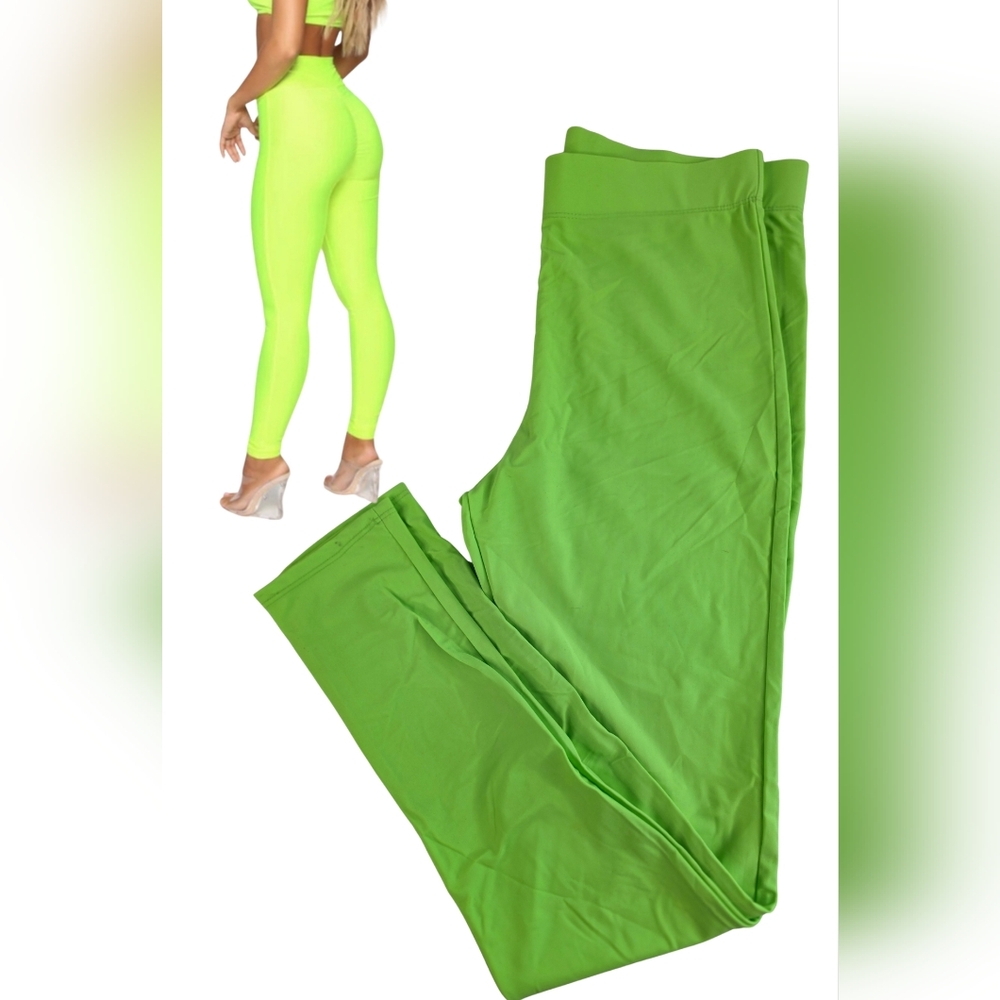 Fashion Nova Neon Green Leggings Size L Stretchy 2035-Cm